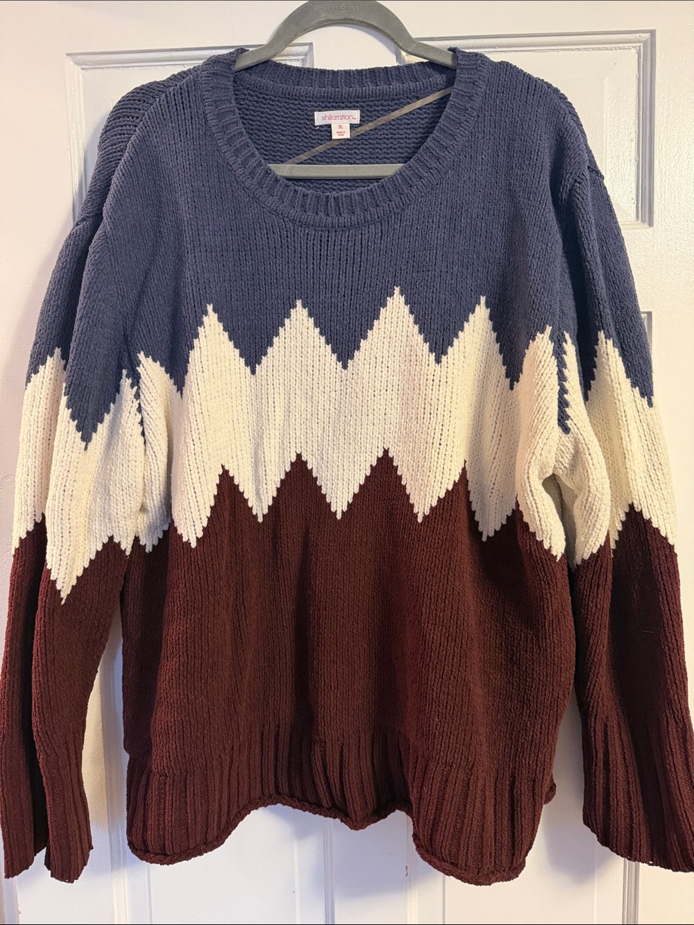 Xhilaration Colorblock Zigzag Crew Sweater - Navy, Cream & Brown